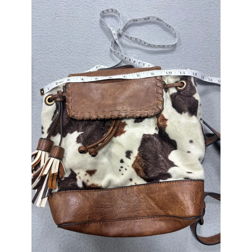 Jen & Co Backpack OS Cow Print Brown Faux Leather Tassel Western Boho Bag